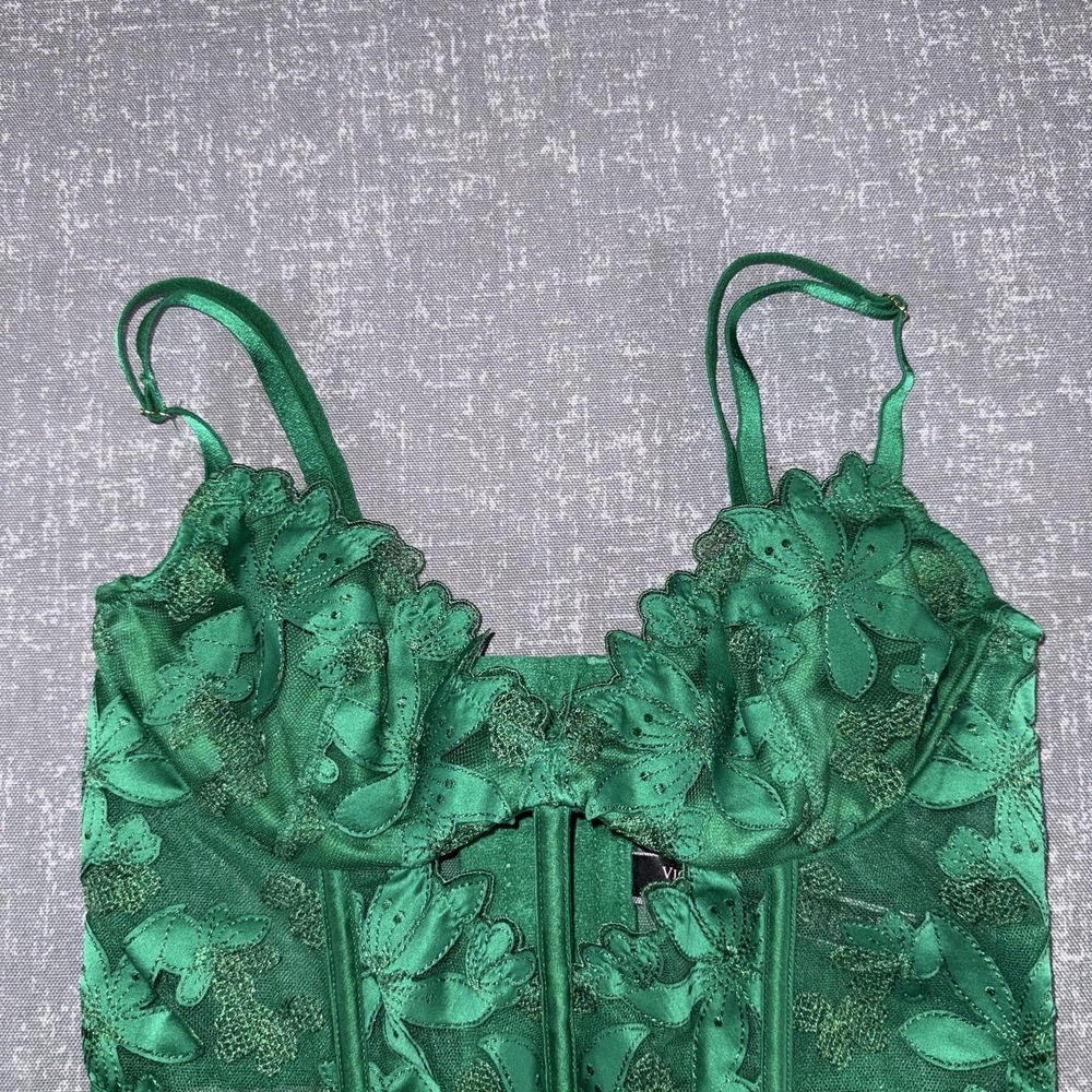 Victorias Secret Very Sexy Bustier Womens 32B XS Green Lace Floral Boned Sheer - Picture 2 of 11